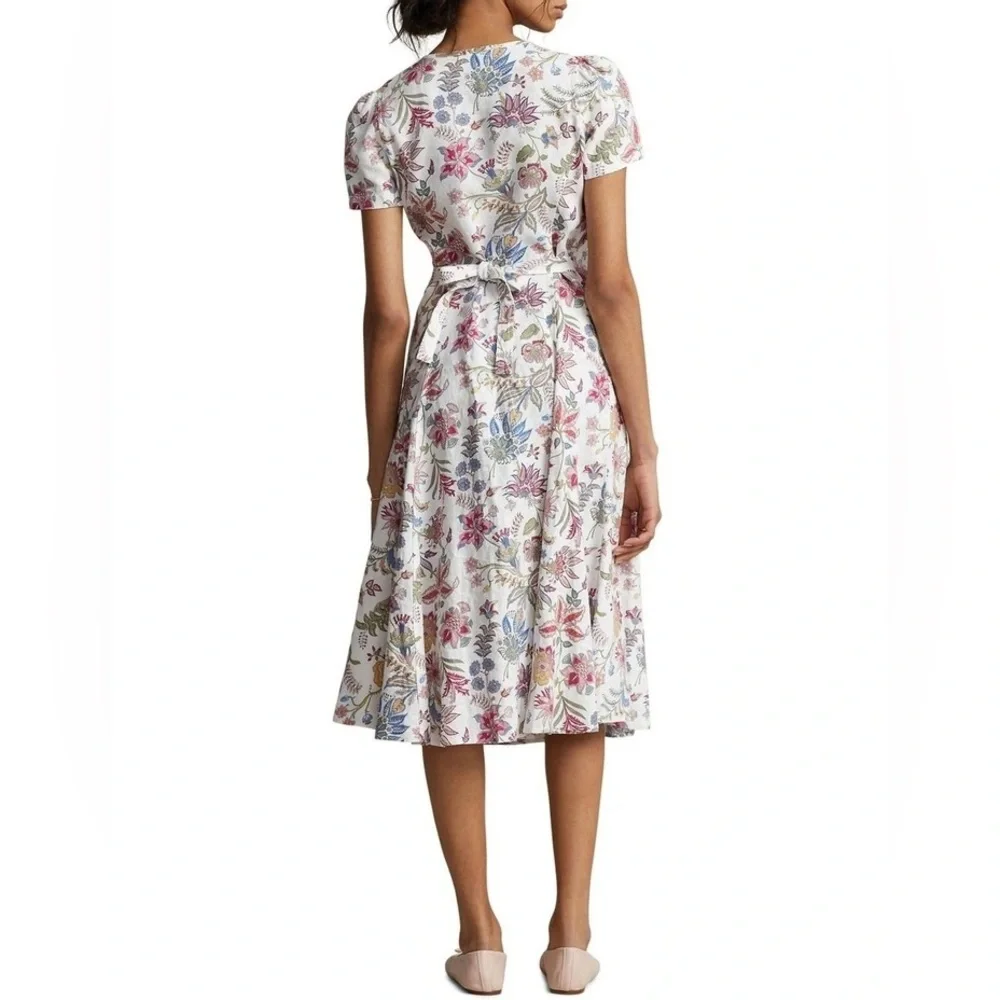 Polo Ralph Lauren Floral 100% Linen V-Neck Midi Dress Pink Elegant 8/M - Picture 6 of 16